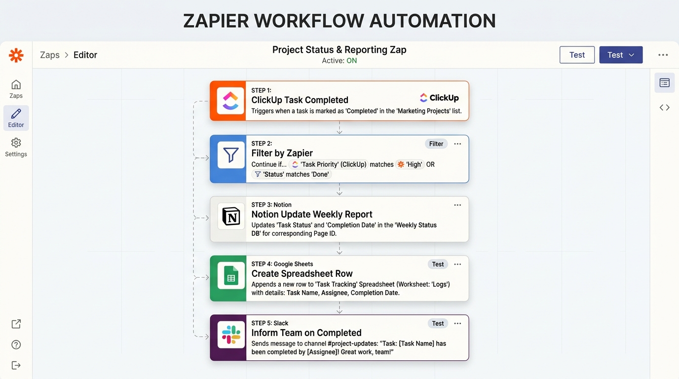 ClickUp Task Completion Sync to Notion, Google Sheets & Slack workflow architecture diagram