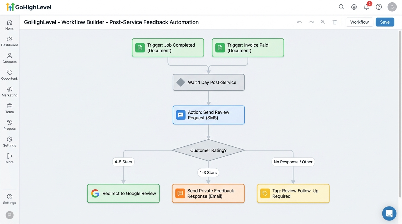 Post-Service Review Request & Smart Rating Routing Workflow workflow architecture diagram